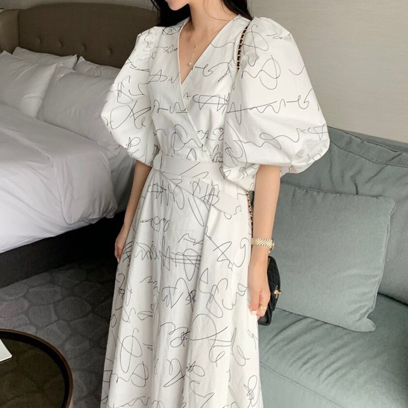 Vネックランタンスリーブワンピース 00294