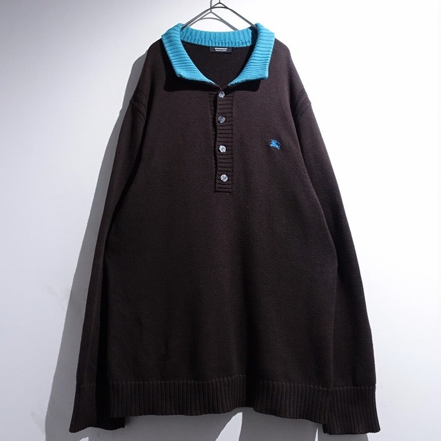 "Burberry" Brown × Light Blue Logo Switching Design Cotton Knit Polo