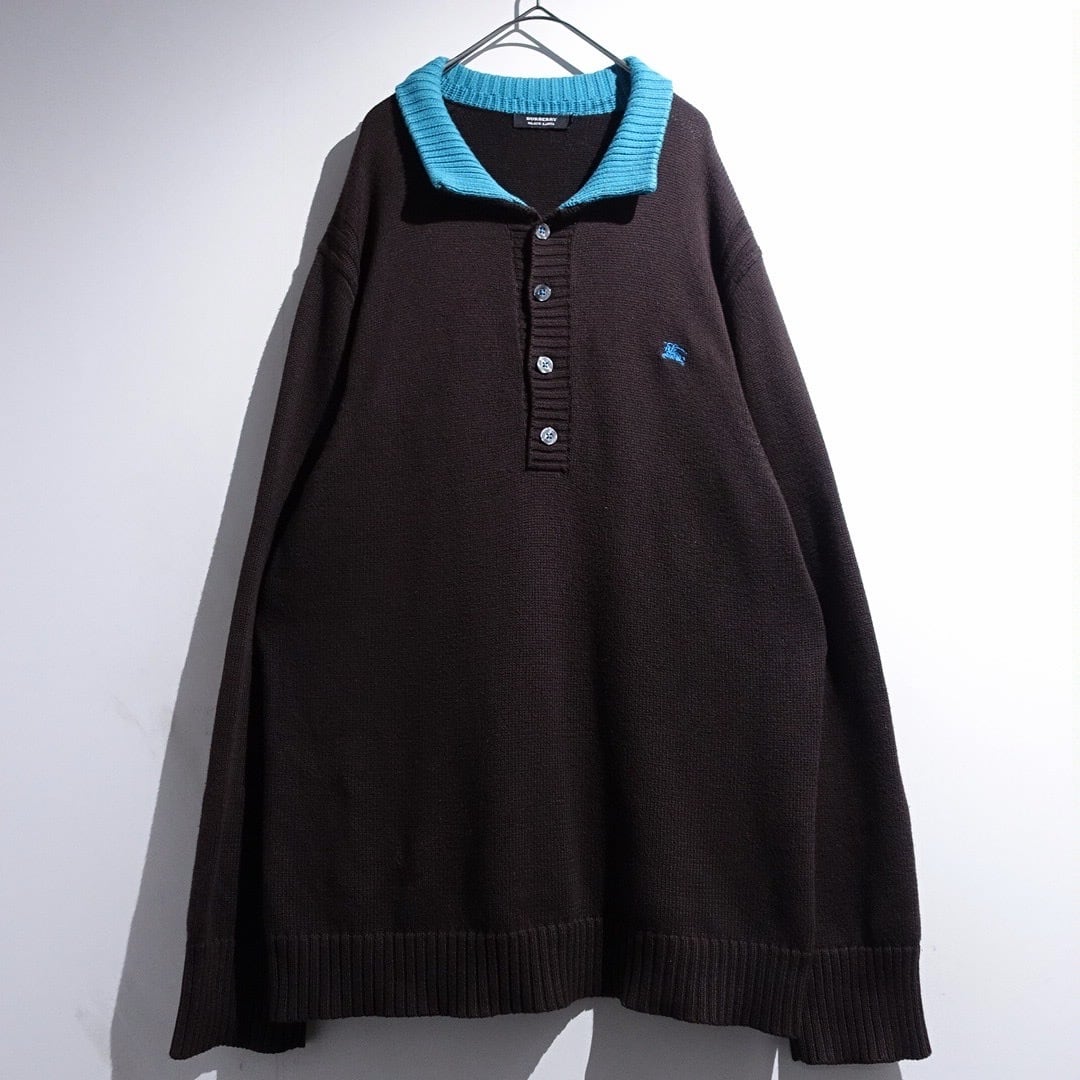 "Burberry" Brown × Light Blue Logo Switching Design Cotton Knit Polo