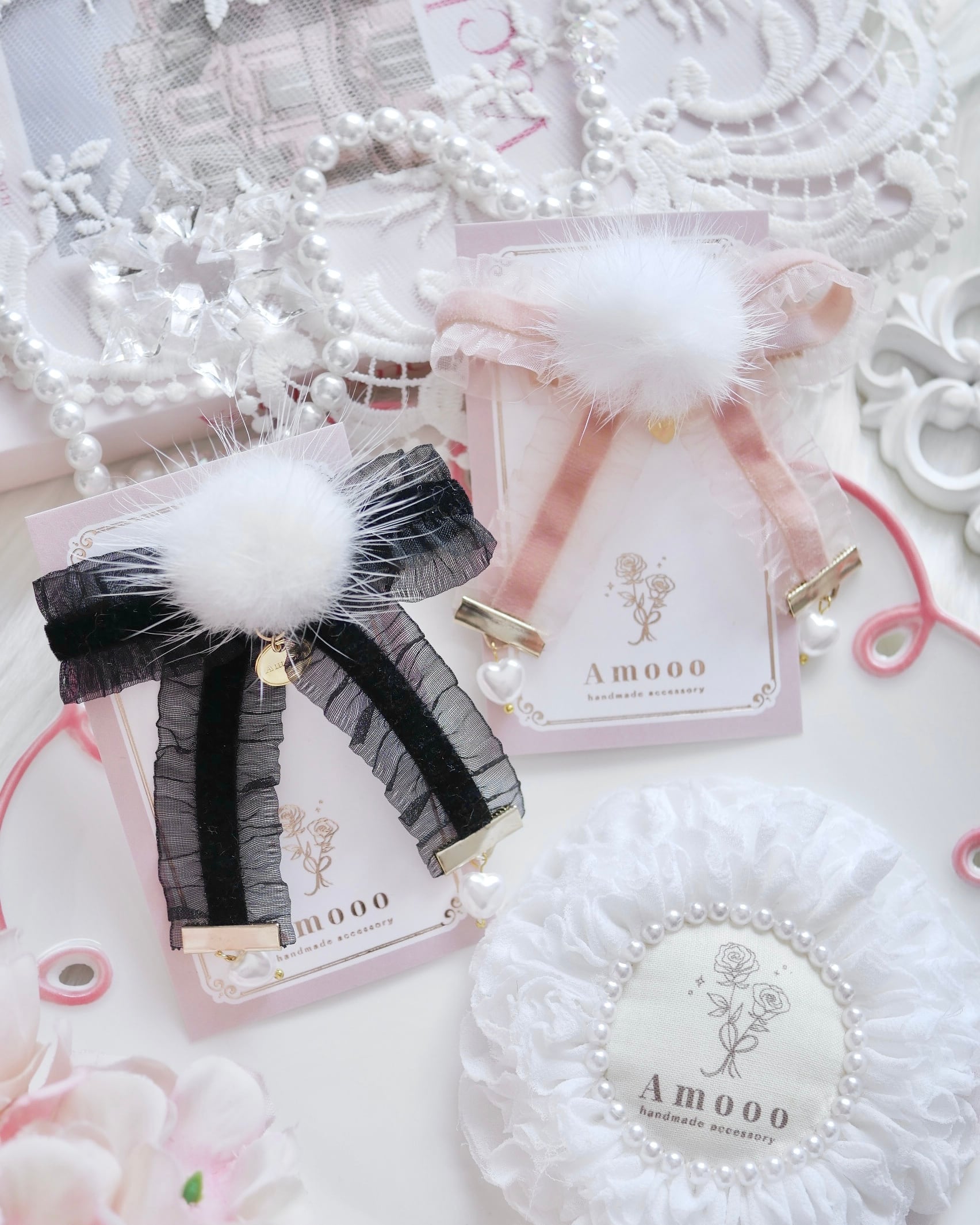 7103 フリルリボンファーヘアクリップ/バレッタ