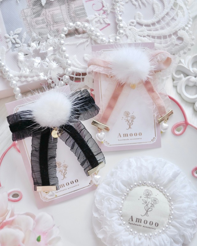 7103 フリルリボンファーヘアクリップ/バレッタ