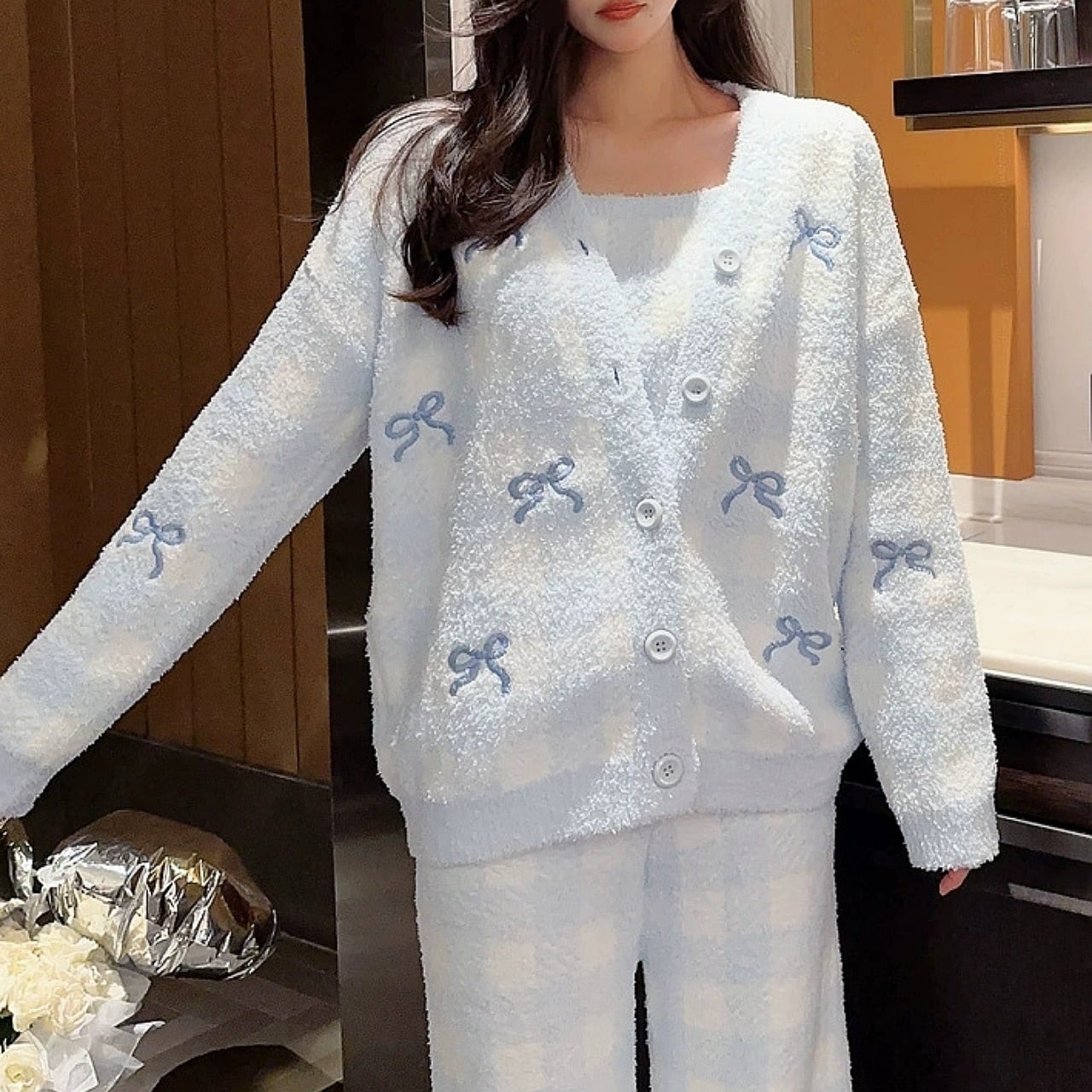 【ワンサイズ】《4色展開》刺繍りぼんルームウェア3点セット