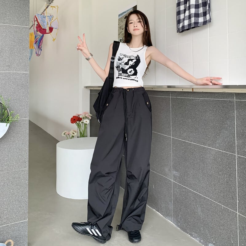 ワイドパンツ　メンズ　韓国　通学　ゆったり　ストレートパンツ　カジュアル　黒