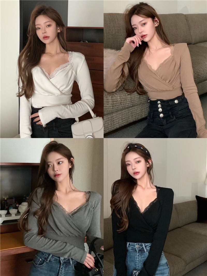 Tシャツ シャツ クロスVネックレーススプリングトップス ロング 春物 ステッチ ブラックストロベリース76046027826