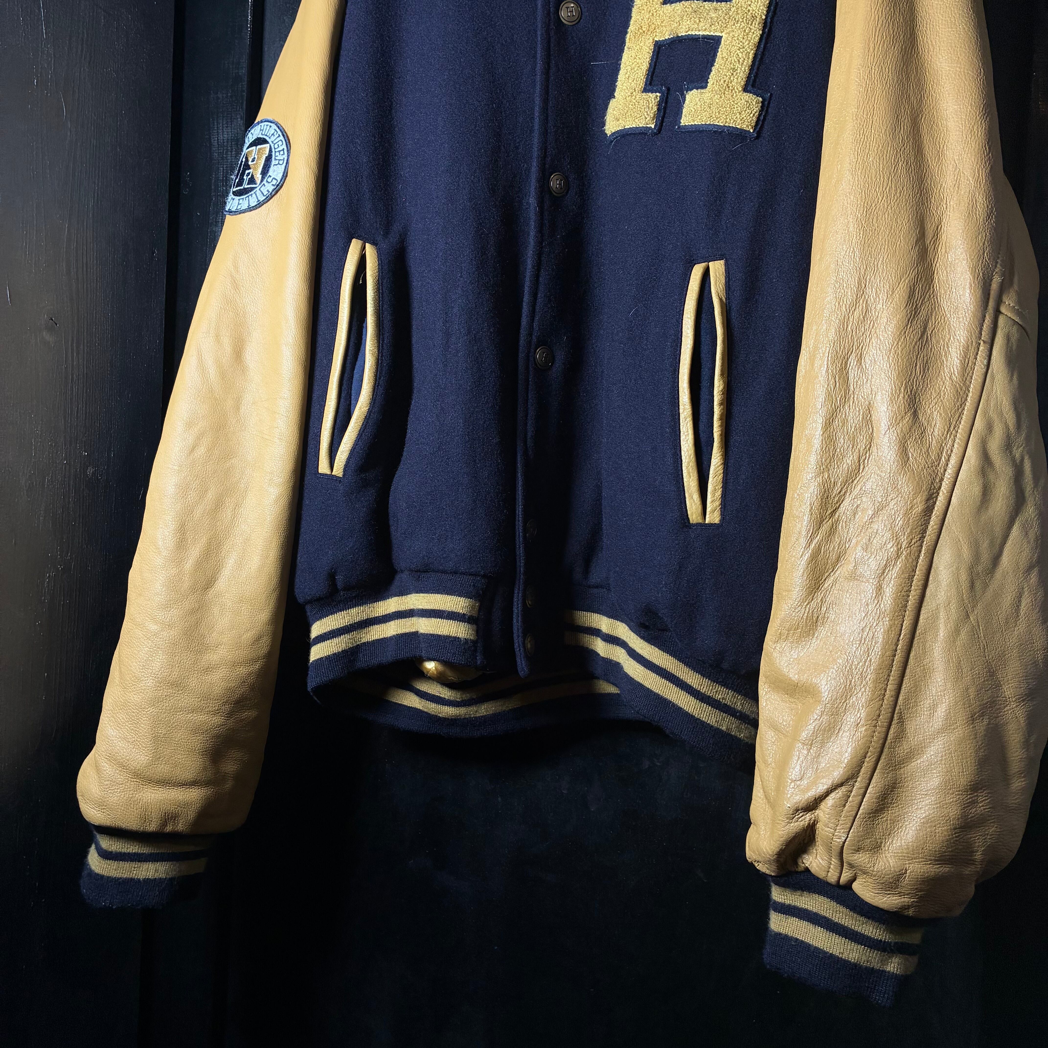 90s TOMMY HILFIGER ウール×レザー スタジャン トミー 袖皮 XL | 古着