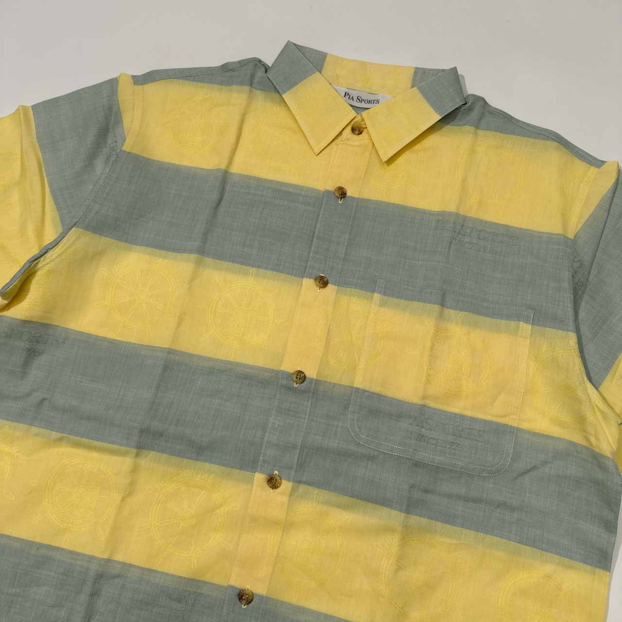 PIA SPORTS ピアスポーツ コットン&リネン ボーダー柄 半袖シャツ サイズ 3 /メンズ/イエロー×水色系/ライカ/日本製/薄手
