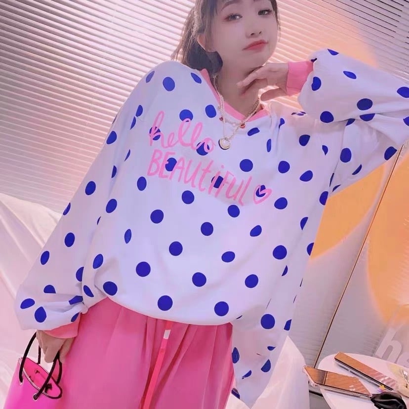 水色 水玉 ドット トップス ガーリー カジュアル ピンク | LOVEYsmileSHOP