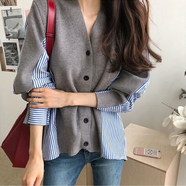 全2色 レディース カーディガン ストライプ シャツ切替 異素材ミックス Vライン 長袖 ニット グレー/ネイビー S/M/L/XL