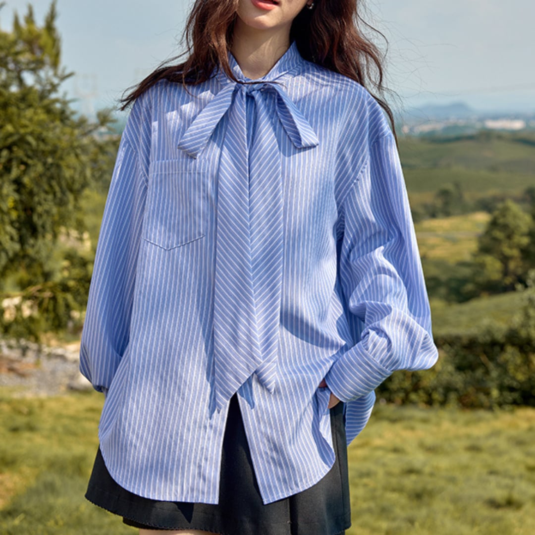 ribbon tie stripe blouse