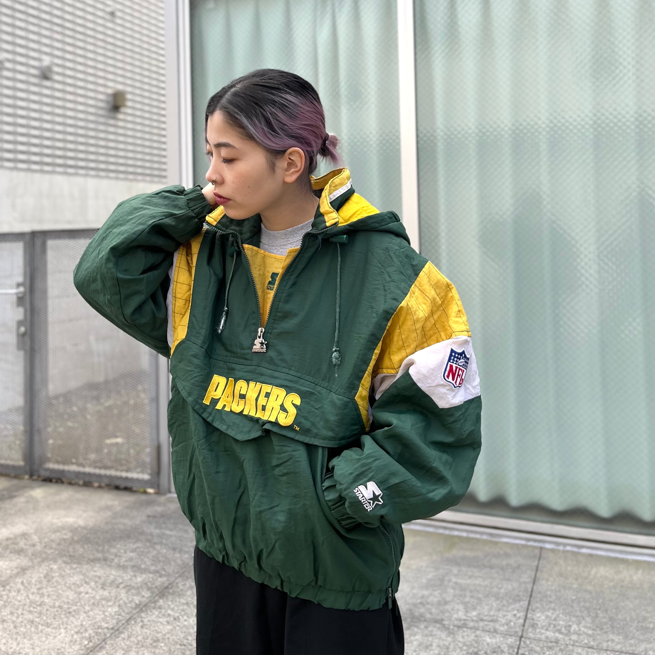 size:L【 PACKERS 】STARTERスターター パッカーズ 中綿ナイロンジャケット ナイロンジャケット アノラックパーカー プルオーバー  ハーフジップ スターター NFL フーディー グリーン イエロー 緑 黄色 古着 古着屋 高円寺 ビンテージ