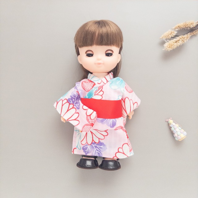 【夏限定】浴衣セット（菊ピンク帯赤）メルちゃんソランちゃん