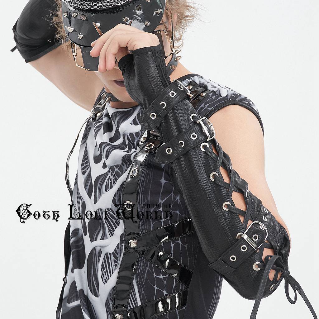 PUNKRAVE ゴスロリ トップス編み上げ 黒 即納/送料無料】GE034 編み上げシアーサイバー柄フィンガーループ