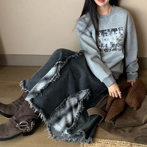 fringe patchwork denim skirt　J00378