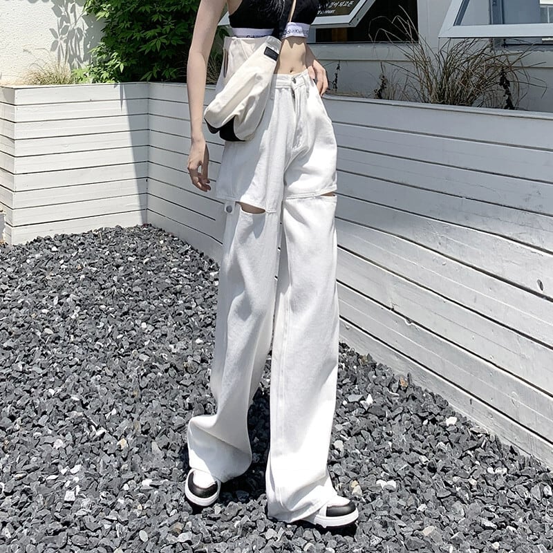 夏薄い白破れたパンツ女性のストレートワイドレッグ脂肪mmプラスサイズ