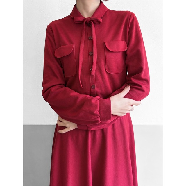 Red Pocket Bow Flare Dress