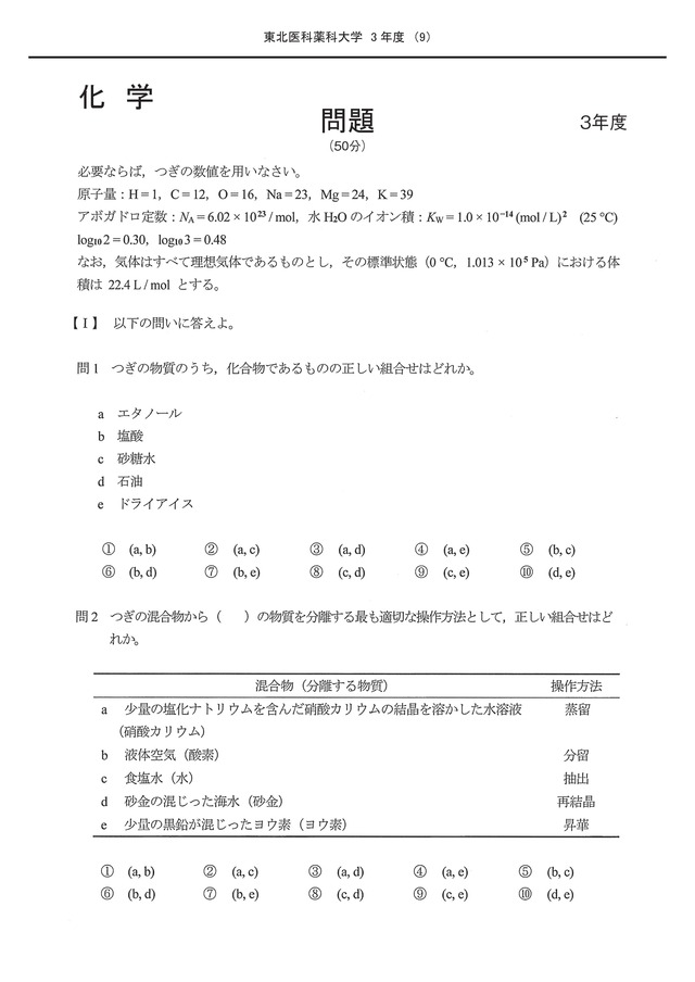 2027年度　私立推薦薬学部入試問題と解答　1.東北医科薬科大学
