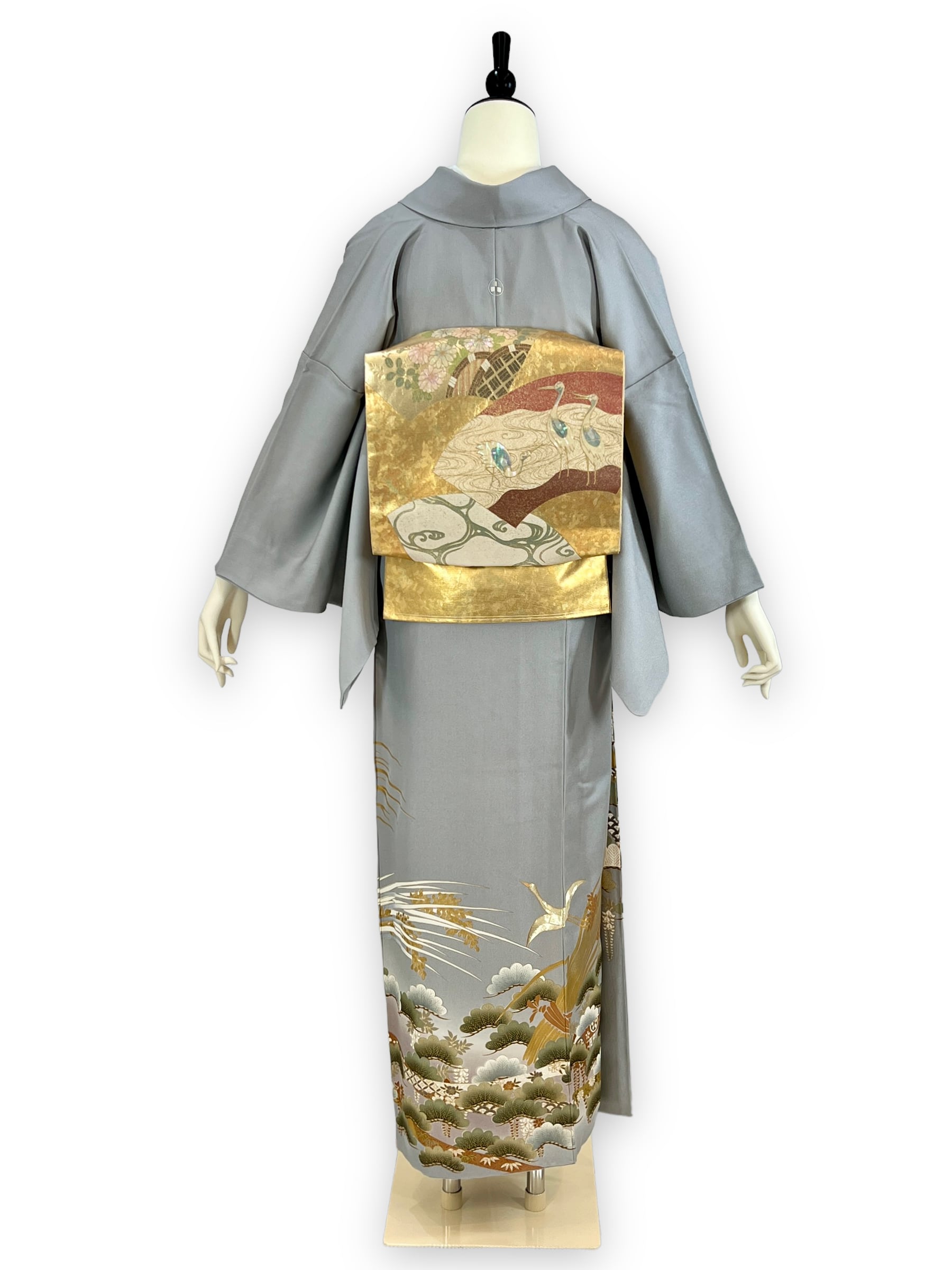 長尺◇色留袖◇単衣□色紙に松竹梅飛び鶴□背紋有◇鳩羽色◇正絹着物  