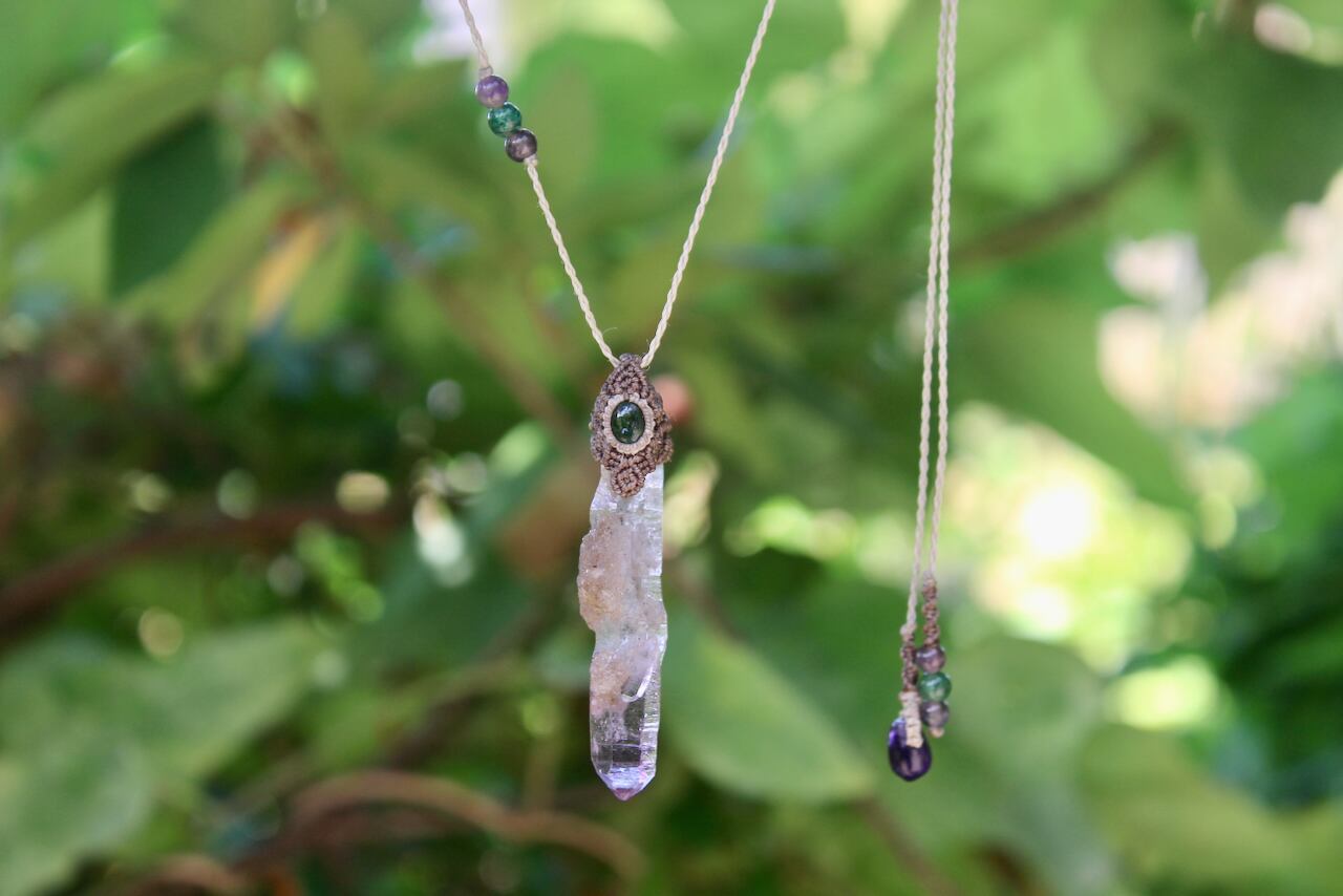 Amethyst point & Chrome Tourmaline  micro macrame pendant