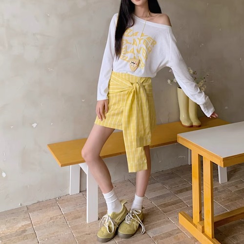 【2点セット】プリントロングスリーブTシャツ＋チェックシャツ風スカート ・70217