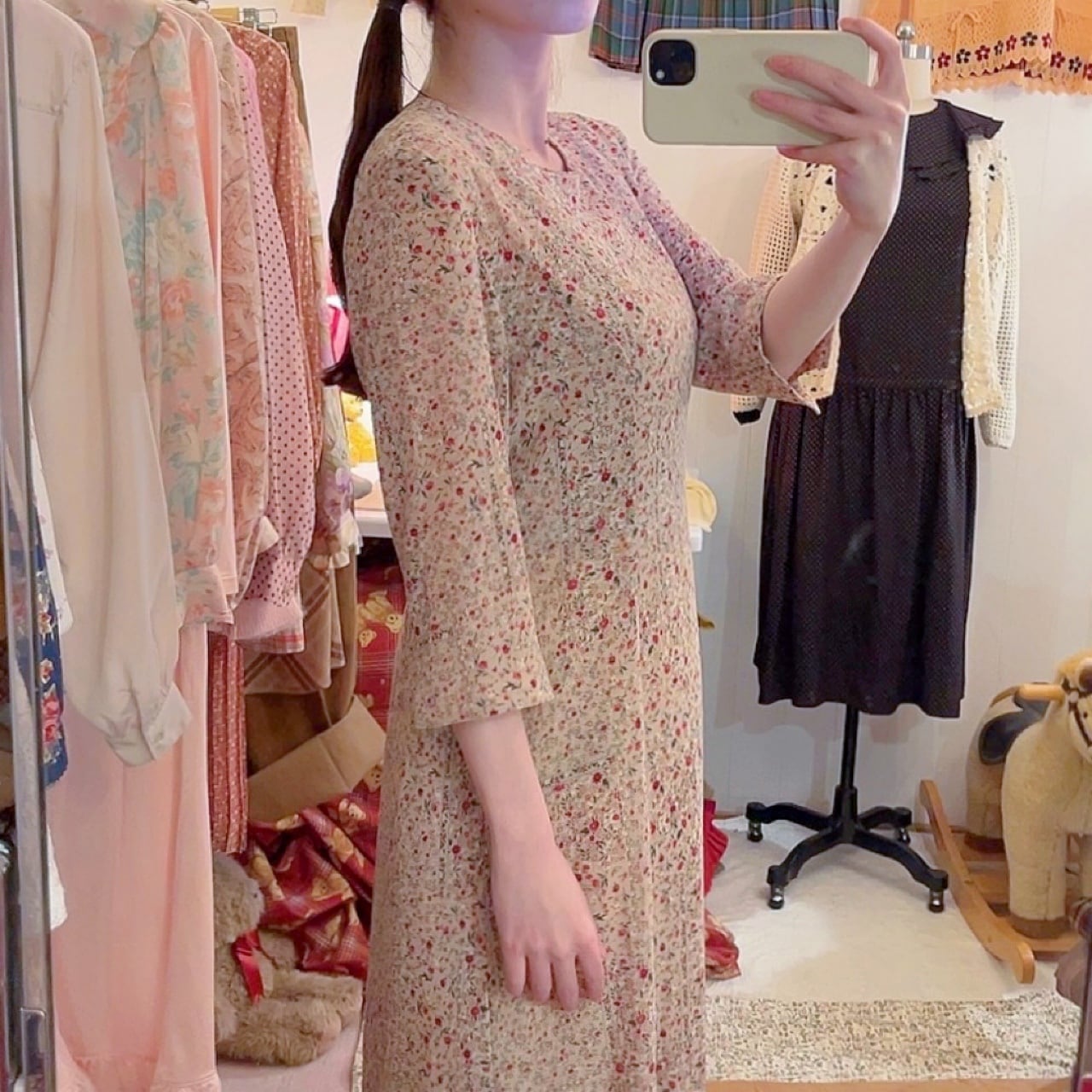 flower dot line slit cuff one-piece