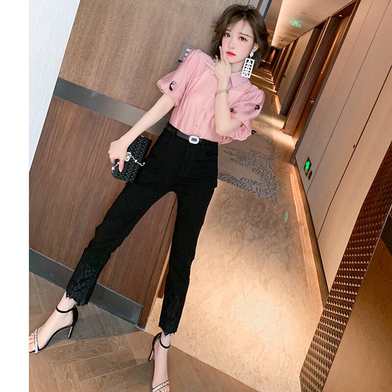 スリーブリボンシャツ レースウェストパンツ セット ランタンスリーブ スプリング 春物 サマー 夏物 ステッチ MIUCO11502753138