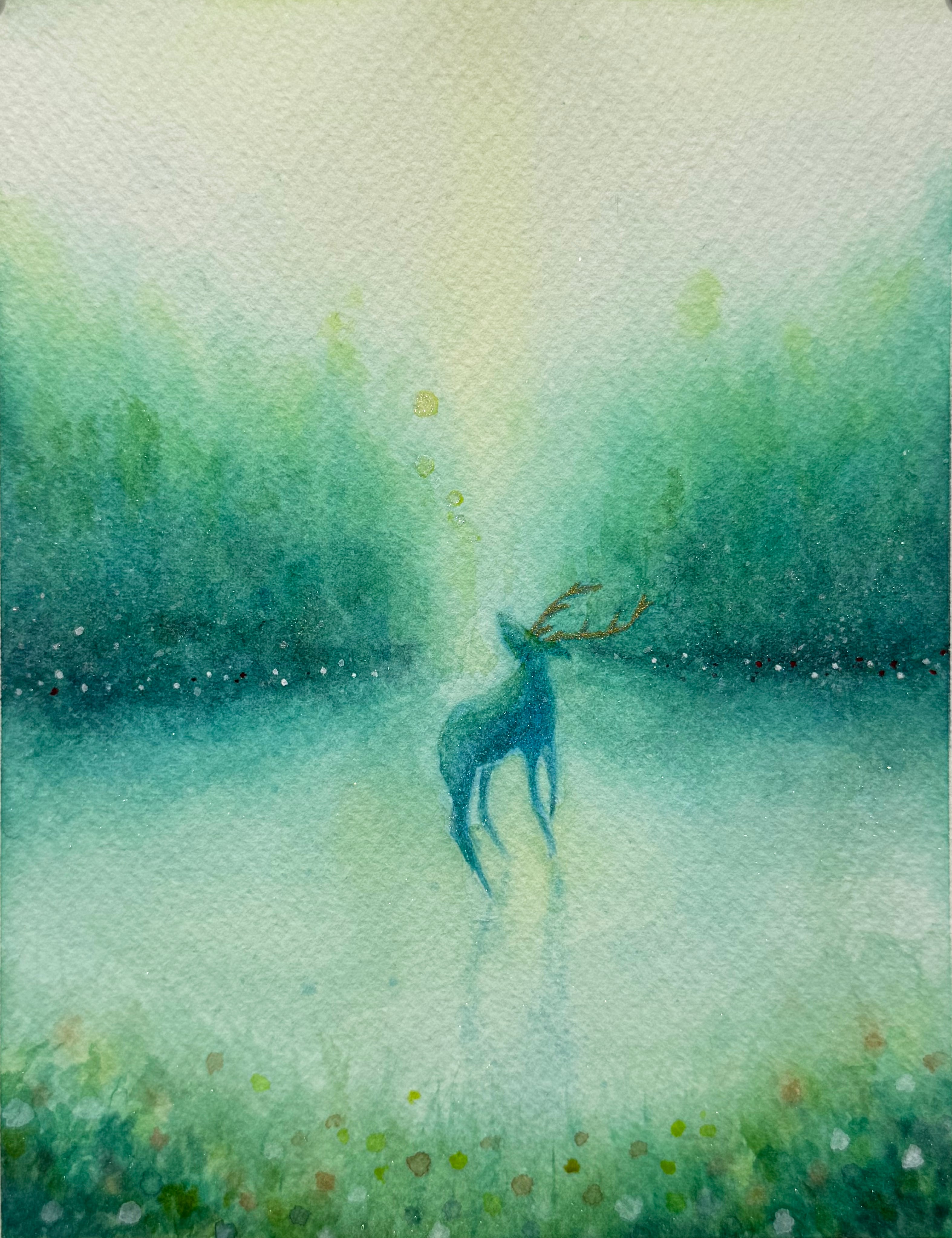 森の天使　透明水彩画　お値下げ致しました 森の音色に誘われて】絵画 ,原画,天使,森,緑,angel,樹木,光,白鹿,鳥