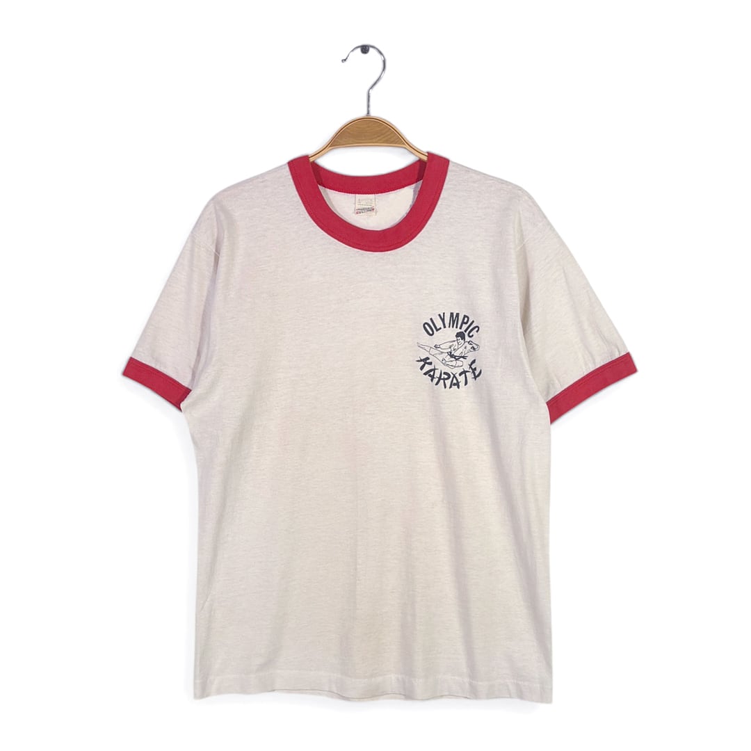 80s スクリーンスターズ USA製 ヴィンテージ リンガーTシャツ KARATE 空手 赤白 トリムT サイズM相当 古着 BZ0501