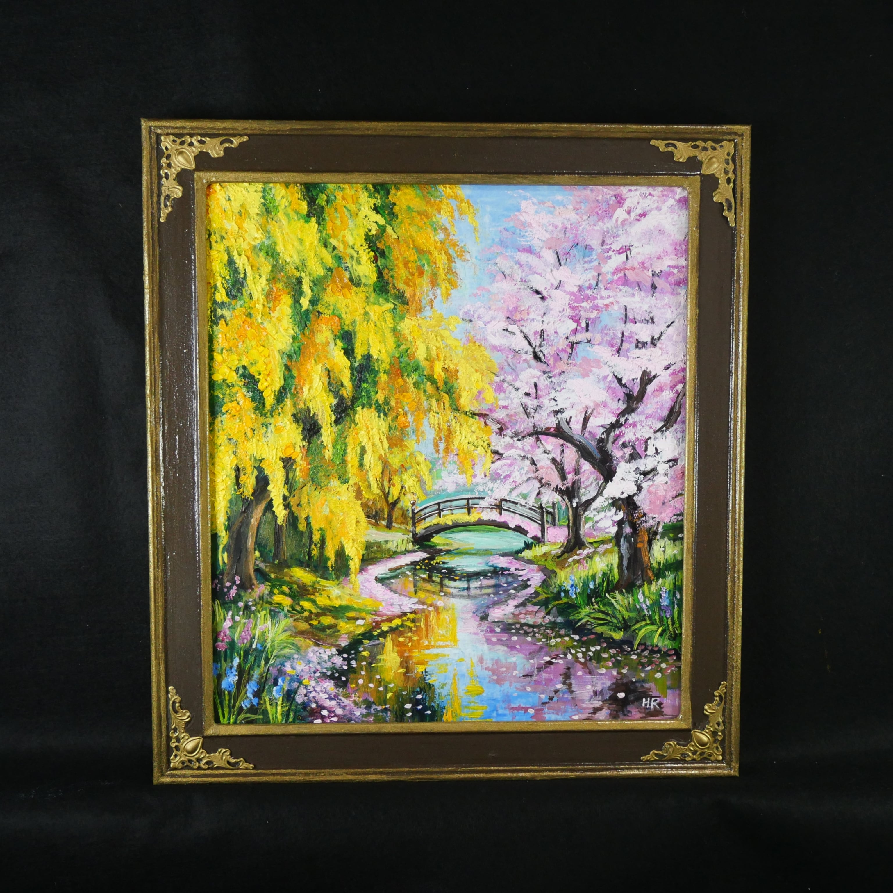 油絵 原画「陽だまりの庭園 〜桜とミモザの咲く日〜」 手描き 一点物