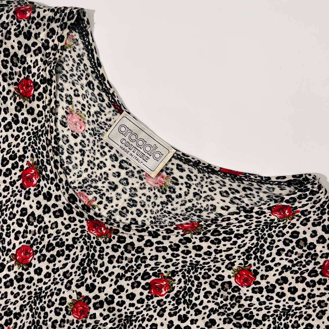 イタリア製 ARCADIA Couture アルカディア クチュール アニマル柄 レオパード バラ レーヨン 半袖 ワンピース /レディース ビンテージ