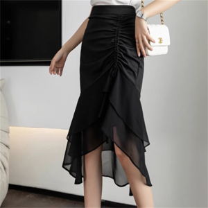 【送料無料】 スカート ロングスカート マーメイドスカート アシンメトリー丈 くしゅくしゅ感 膝丈 フレア Aライン ハイウエスト 薄手 透け感 シースルー かわいい 大人可愛い きれいめ カジュアル 大人 上品 おしゃれ お洒落 こなれ感 コンサバ系 ラフ エレガント レディライク 無地 夏 誕生日会 結婚式 二次会 20代 30代 40代 レディース 女性用 ママ服 デート お出かけ お呼ばれ 休日 アウトドア お茶会 女子会 授業参観 パーティー 着回し 普段使い ファッション コーデ 定番 着痩せ