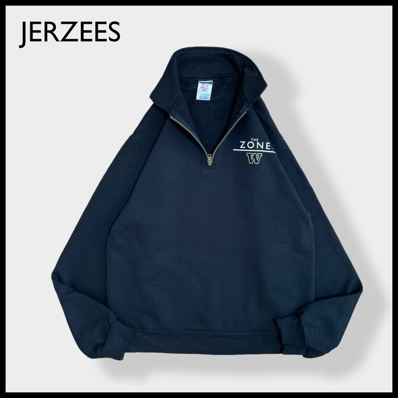 【JERZEES】THE ZONE ワンポイントロゴ ハーフジップ スウェット プルオーバー 黒 裏起毛 S スーパースウェット US古着