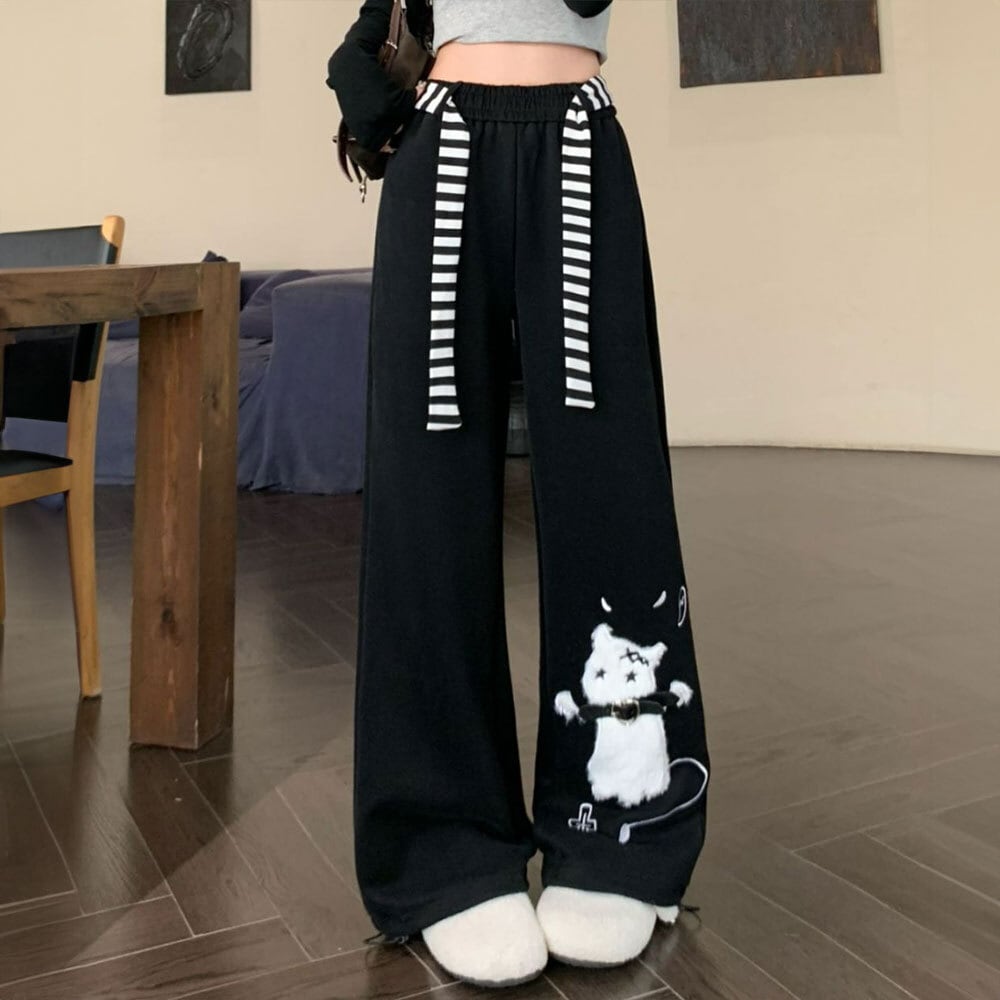 【送料無料】 ワイドパンツ 猫柄 スウェット レディース 春夏秋 韓国 ダンス衣装 スポーツ 大人 カジュアル かわいい ストリート ハイウエスト リラックス アメカジ ゆったり おしゃれ 大人可愛い 大人女子