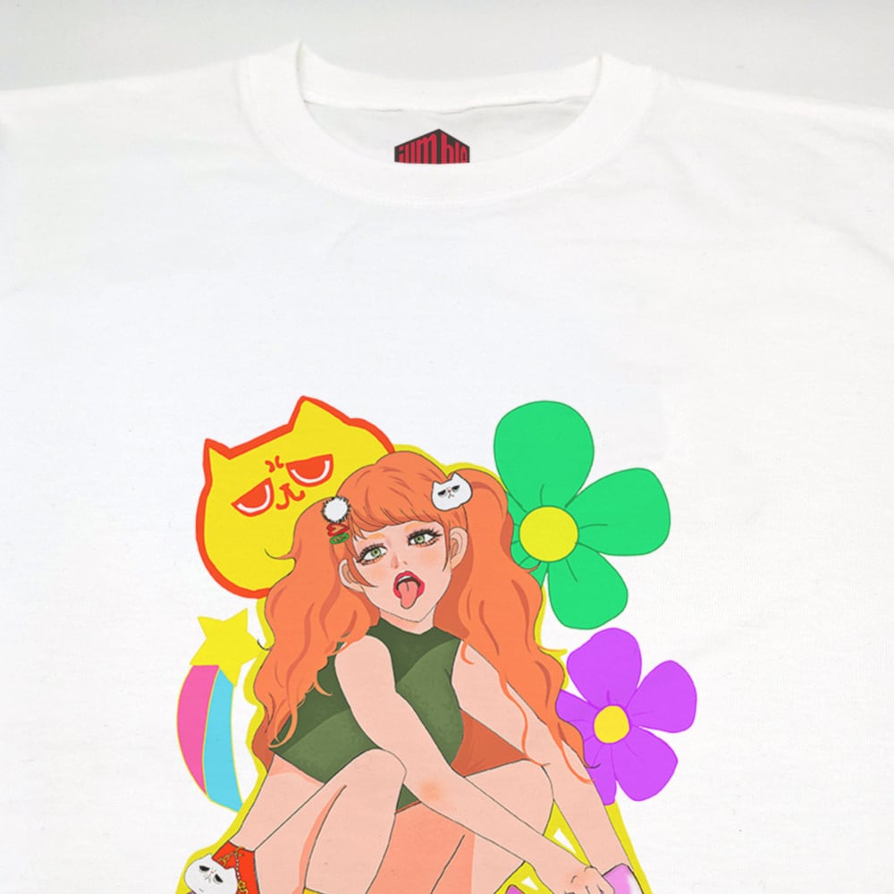 平成ギャルPOP】カラフル ギャル×ねこ部長Tシャツ | Jumble Base