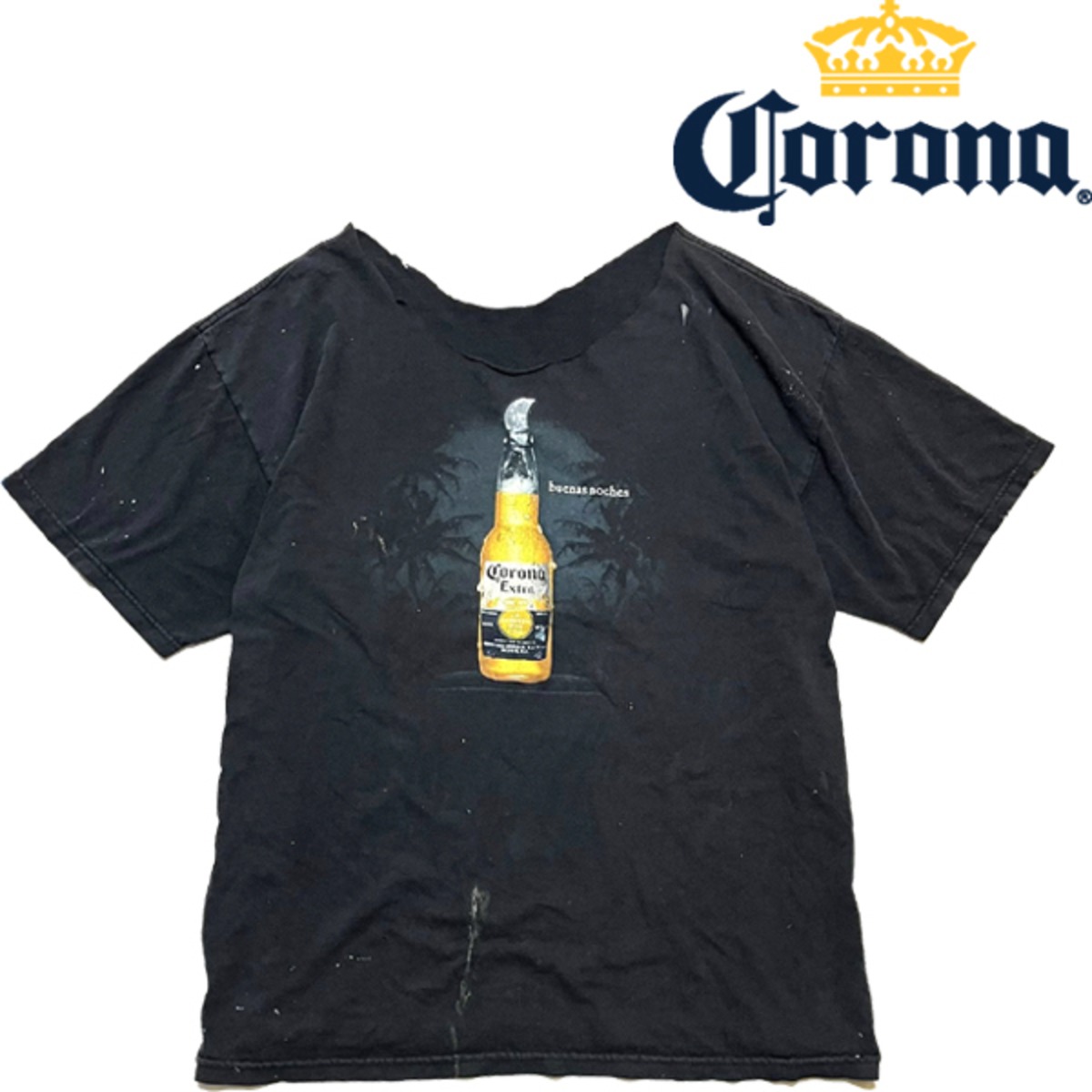 1点物◇雰囲気系コロナビール黒カットオフ襟プリントTシャツ古着メンズ 