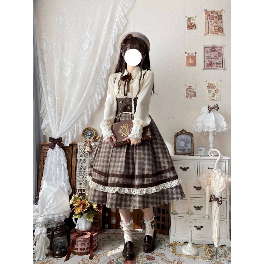 気品漂うブラウンチェック｜コルセット風ウエストと裾レースで理想の