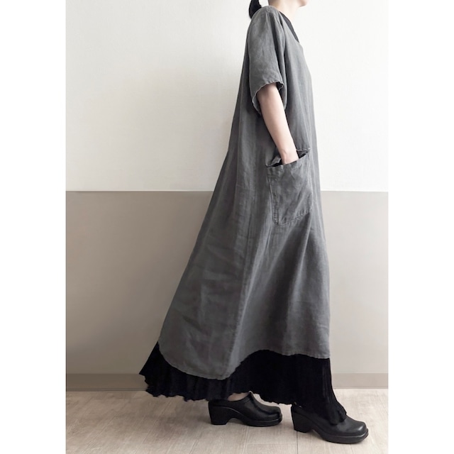 made in Italy Fade Gray Linen Pocket Long Dress