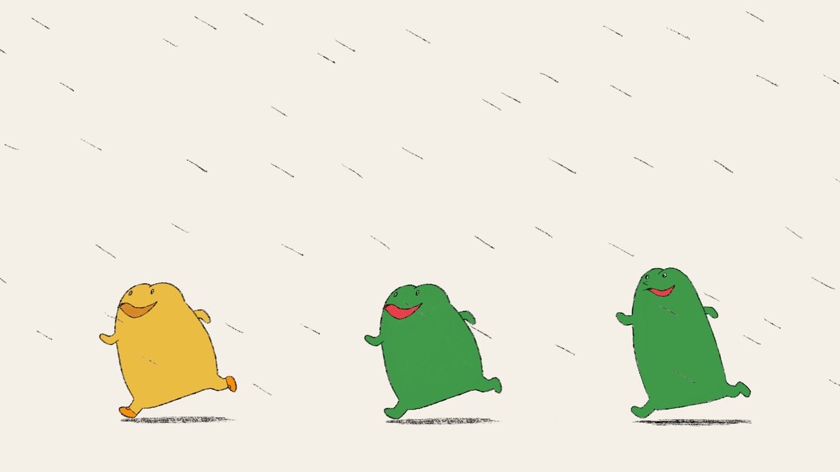 【梅雨カエル】ポストカード 三人で走るカエル | ナガサカが作ったアイテムたち