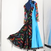 【美品 社交ダンス衣装】ブルー WAKANA MATSUMOTO ワカナマツモト ワンピース ドレス 青 水色 花 羽 ブラック 黒 フリル 虹色 レース 長袖 赤 オレンジ レッド ダンス用 レディース 女性用 デモ 発表会