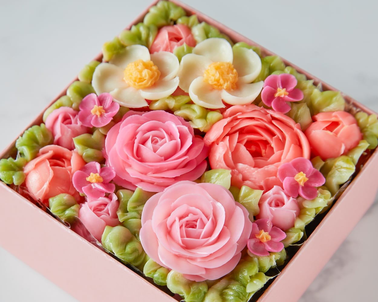 食べられるお花のボックスフラワーケーキ【Peach Pink】 | Flower