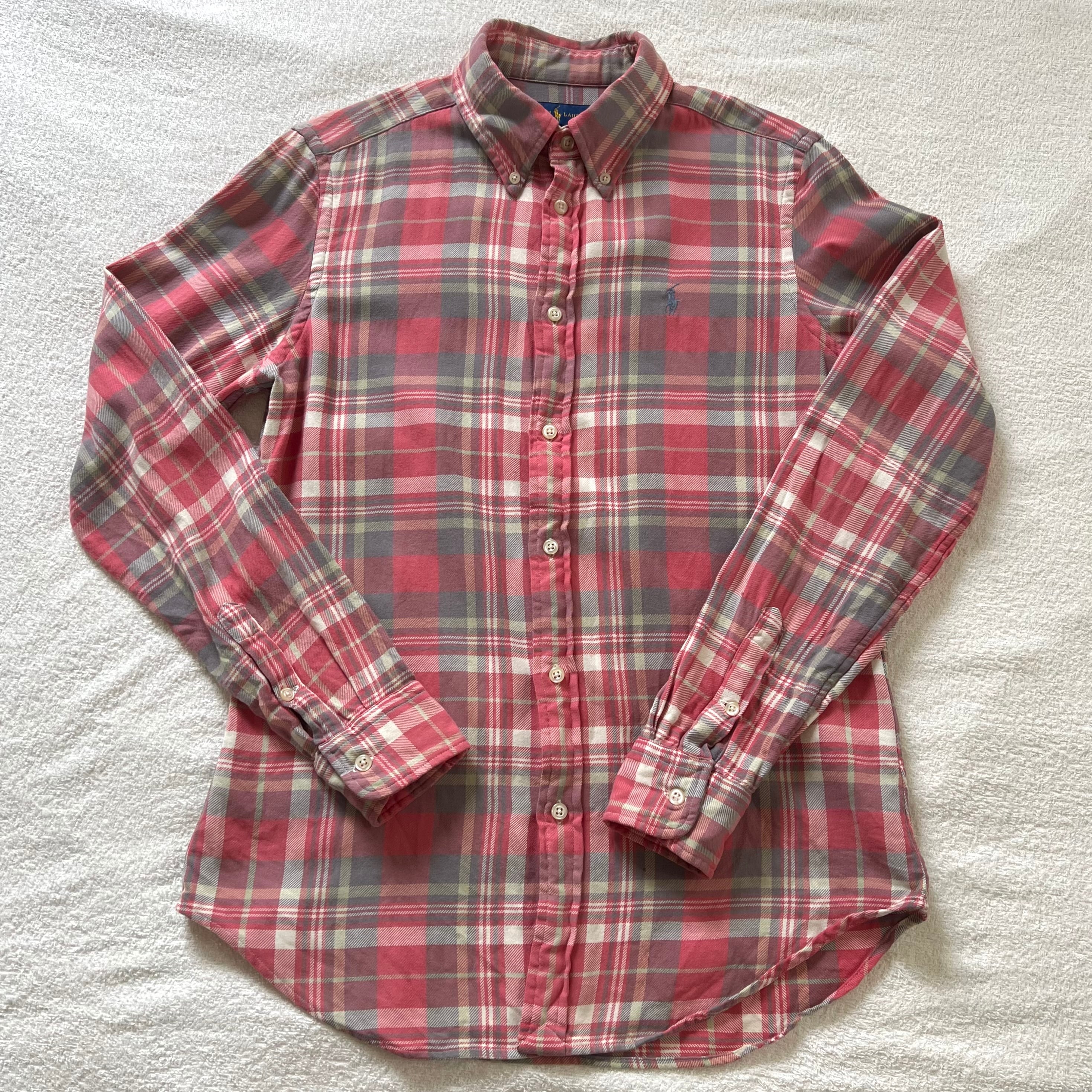 RALPH LAUREN ラルフローレン ネルシャツ サイズ:XS チェック柄    グレー/ピンク レディース / 240001161170 古着 ラルフローレン Ralph Lauren 半袖 ボタンダウン チェックシャツ