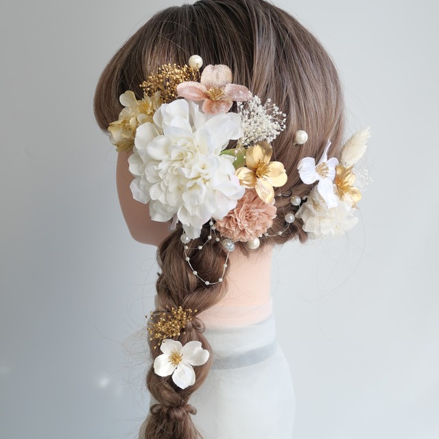 A082 白　ダリアの髪飾り　成人式　卒業式　前撮り　結婚式　水引