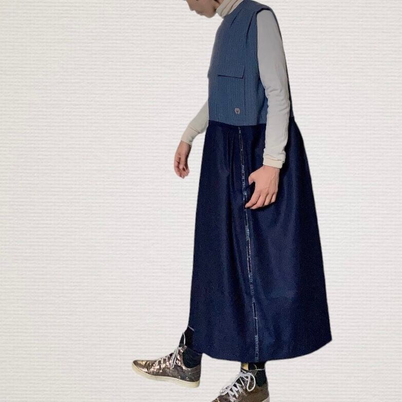 ZOZOTTE ノースリーブ切り替えリメイクワンピース/グレー×ブルーストライプ&ネイビー