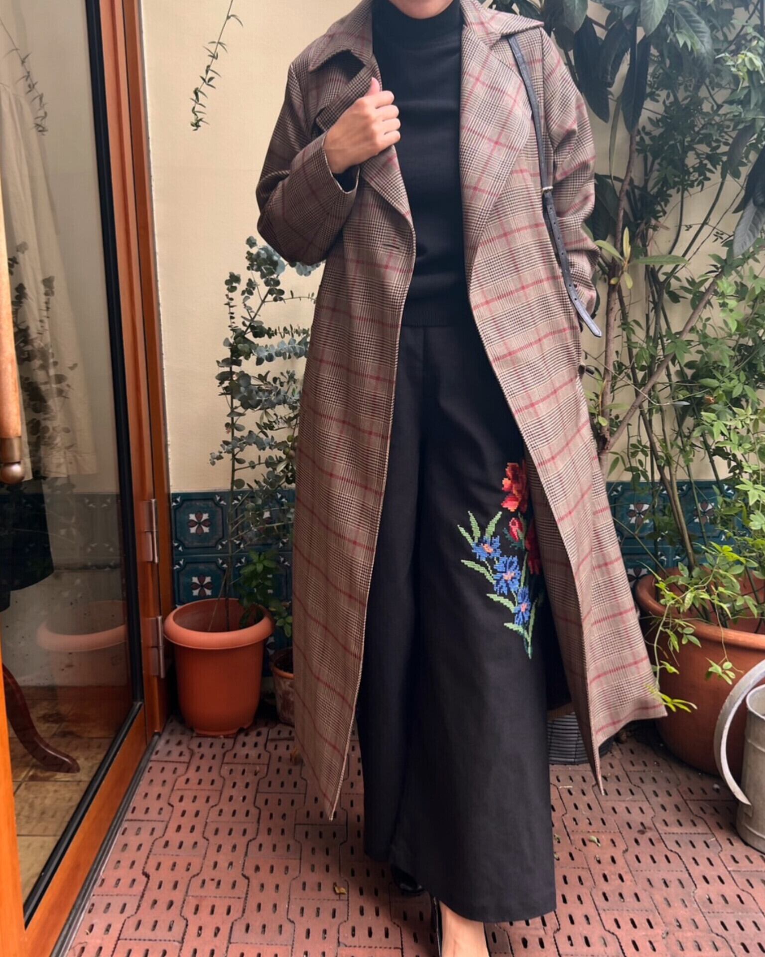 Honnete】Trench Robe Coat / Red Glen Check | MOMENTS