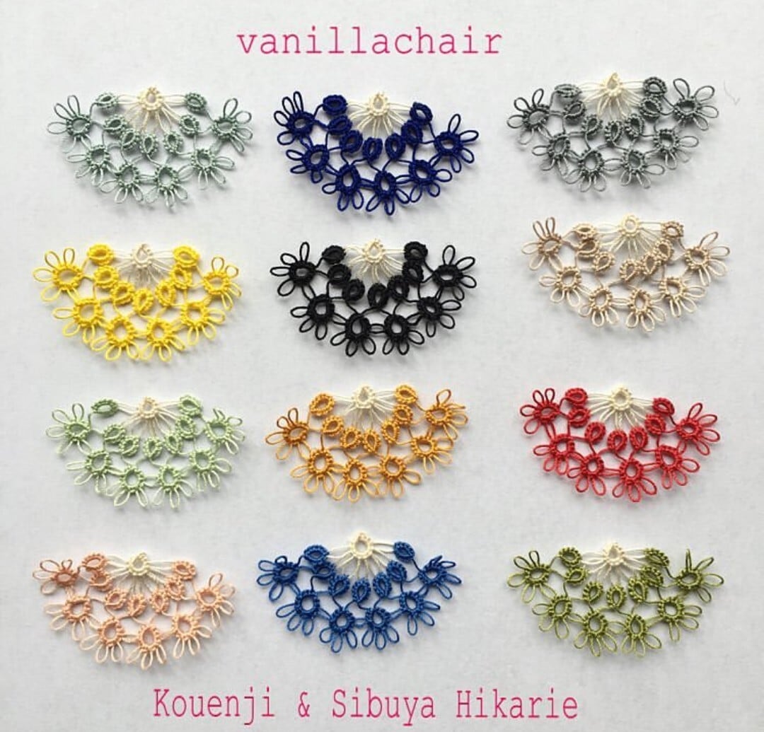 新作⭐　ツイード　ケミカルレース　ボタン　カボション　ピアス　イヤリング　赤　春 mello hirahira タティングレースピアス・イヤリング | vanillachair