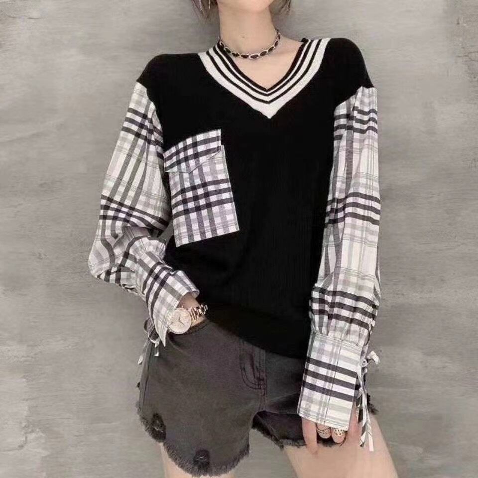 袖チェック切り替えニット