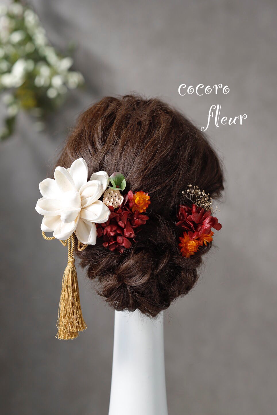 オリジナルソラフラワー髪飾り オレンジレッド 袴 振袖 成人式 ヘアドレス ヘアパーツ プリザーブドフラワー ドライフラワーフラワー Cocorofleur ココロフルール