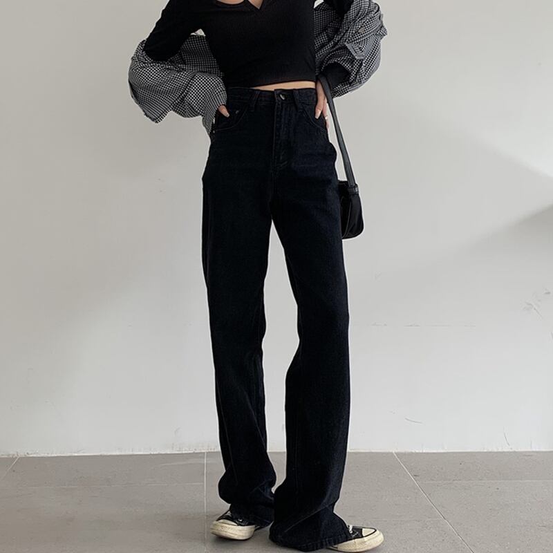 スプリングオータムブラックジーンズ ルーズパンツ スタンダードハイウェストウェスト レトロ 春物 秋物 試着室96540327908