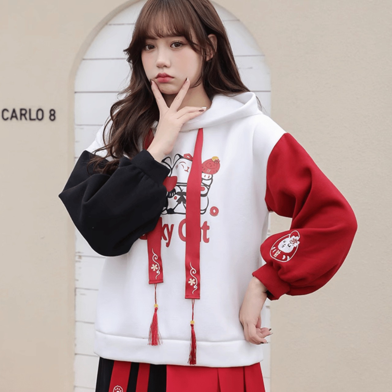 【MONSE】RED ロングテール BIGパーカー/マント フーディー MONSE】RED ロングテール BIGパーカー/マント フーディー