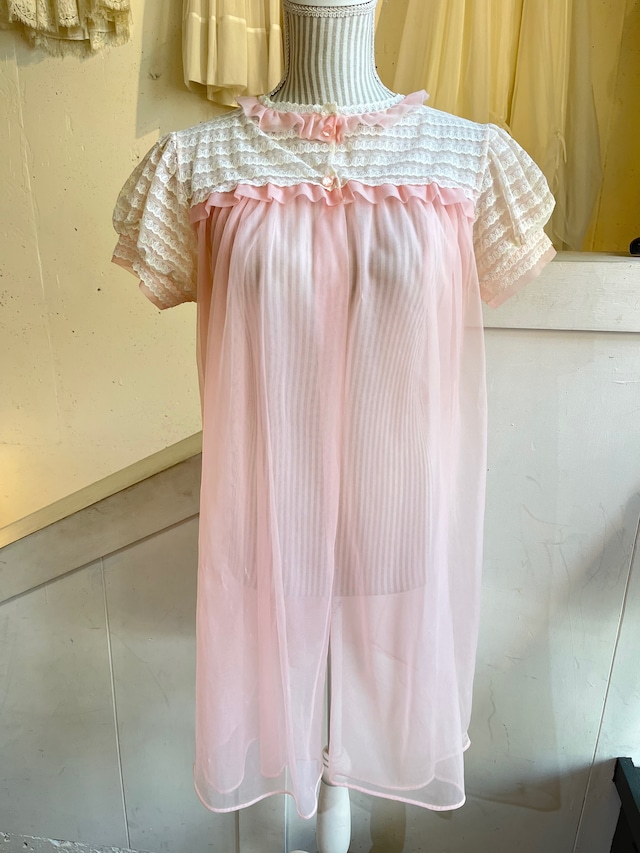 60's pink lace frill nighty gown