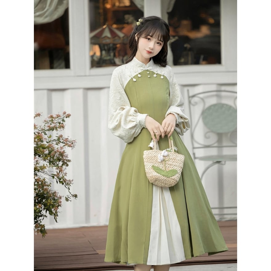 中華ロリィタ】レースケープ+ワンピース 2点セット 抹茶色 カーキ